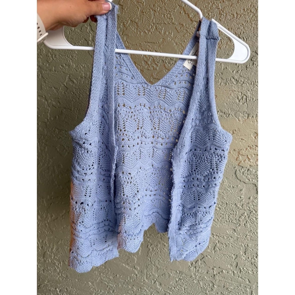 Jessica Simpson Tank Top‎ Womens Size S Light Blue V-Neck Open Knit Scallop Hem